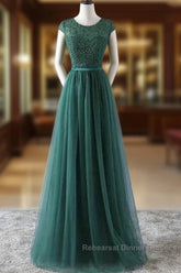 Green Semi Formal Prom Dresses Scoop Tulle & Lace With Sash A Line Sweep Train Floor Length Elegant